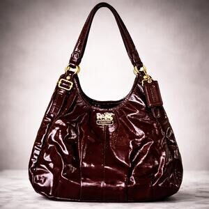 Coach Madison Maggie Plum Purple Patent Leather Brass Shoulder Bag Handbag